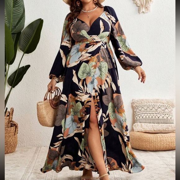 Plus Size Plunge V Neck Floral Tropical Print High Slit Long Sleeve Maxi Dress - Picture 4 of 12